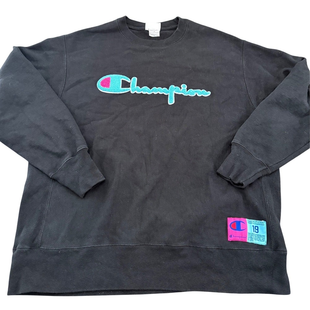 Champion Reverse Weave Crewneck Sweatshirt Sz XL Black Neon Pink Teal Script Log
